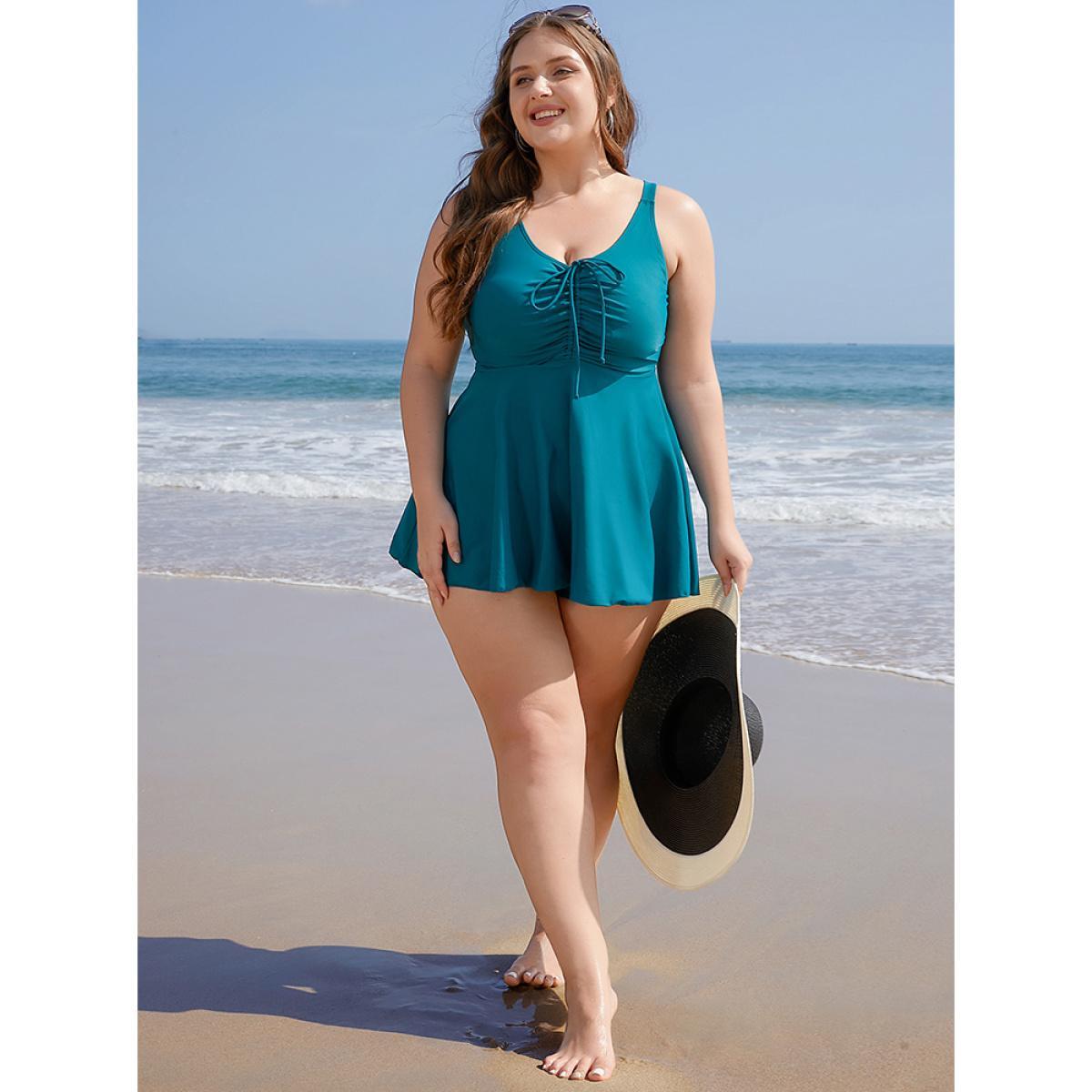 Plus Size Drawstring Adjustable Straps Ruffle Hem Swim Dress Women's Swimwear Teal Vacation Bodycon V-neck High stretch Curve Swim Dresses BloomChic 26/4X Product Image