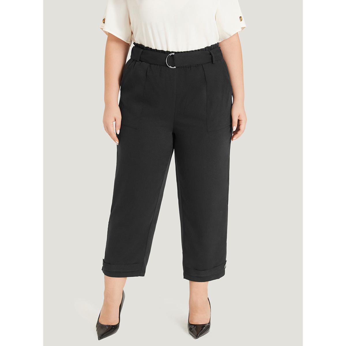 Plus Size Supersoft Essentials Solid Pocket Buckle Detail Pants Women Black Office Straight Leg High Rise Work Pants BloomChic 30/6X Product Image