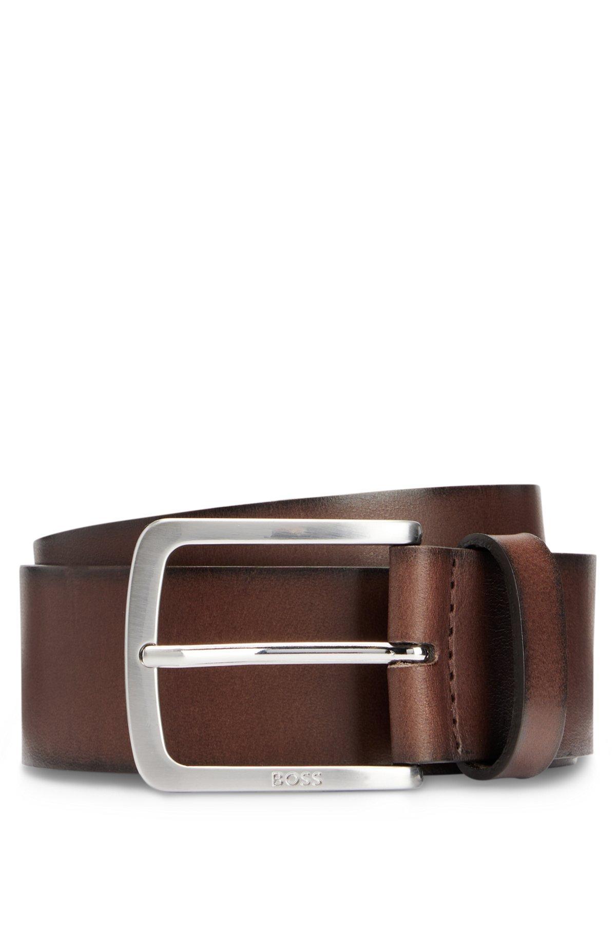 BOSS - Italian-leather belt with logo-engraved buckle - Dark Brown Product Image