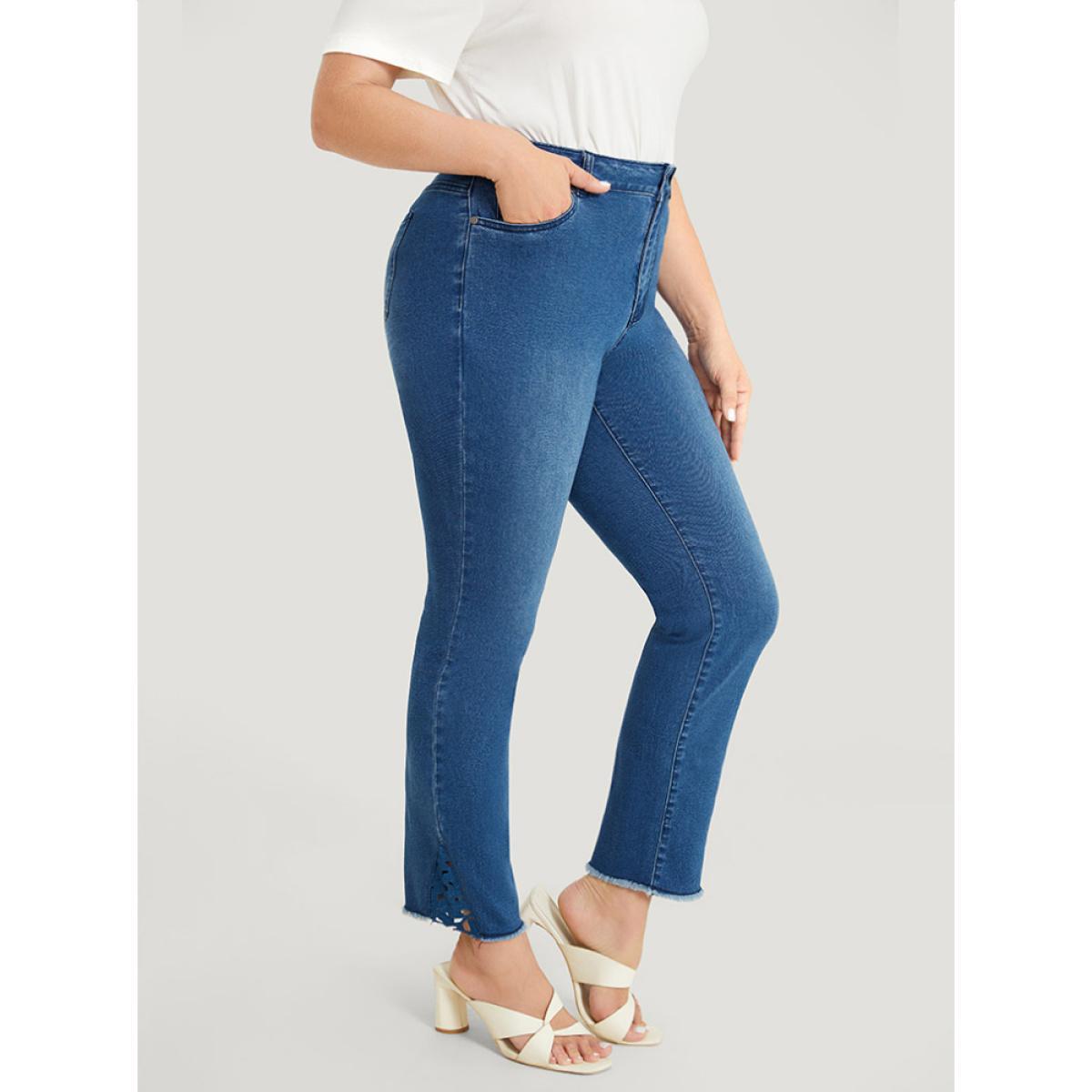 Plus Size Very Stretchy High Rise Medium Wash Lace Insert Raw Hem Jeans Women Indigo Casual Plain Patchwork High stretch Side seam pocket Jeans BloomChic 16/1X Product Image