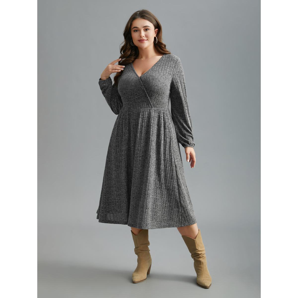 Plus Size Pit Strip Overlap Collar Midi Dress DarkGray Women Casual Texture Knit Dresses Bloomchic 28/5X Product Image