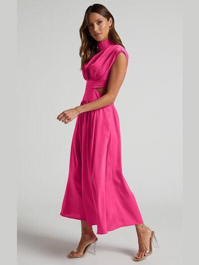 Cutout Mock Neck Sleeveless Ruched Dress Product Image