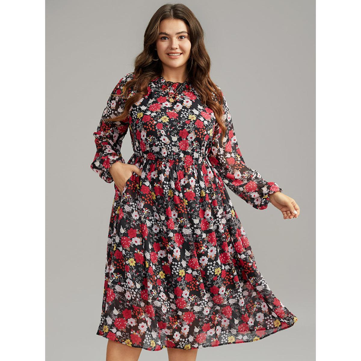 Plus Size Chiffon Floral Print Shirred Elastic Cuffs Dress Black Women Elegant Elastic cuffs Mock Neck Long Sleeve Curvy Midi Dress BloomChic 26/4X Product Image