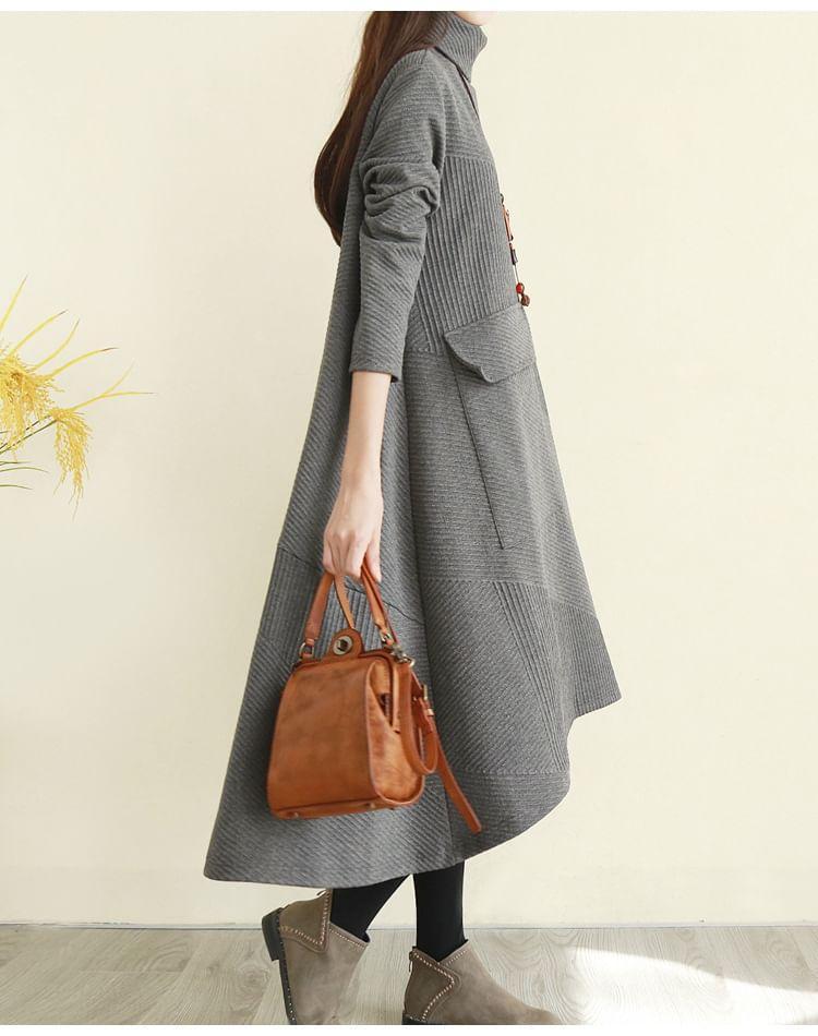 Long-Sleeve Turtleneck Plain Asymmetrical Midi Tunic Dress Product Image