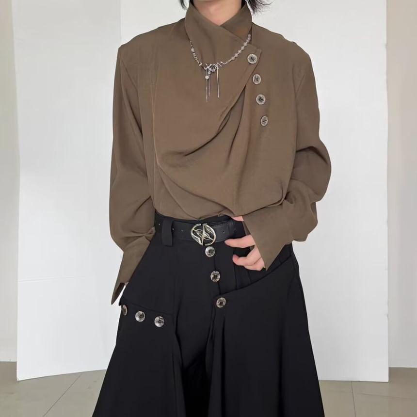 Long Sleeve Stand Collar Asymmetrical Plain Shirt Product Image