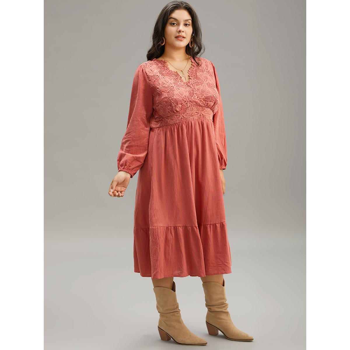 Plus Size Solid Lace Panel Wrap Patchwork Dress Rust Women Vacation Elastic cuffs V-neck Long Sleeve Curvy Midi Dress BloomChic 22-24/3X Product Image