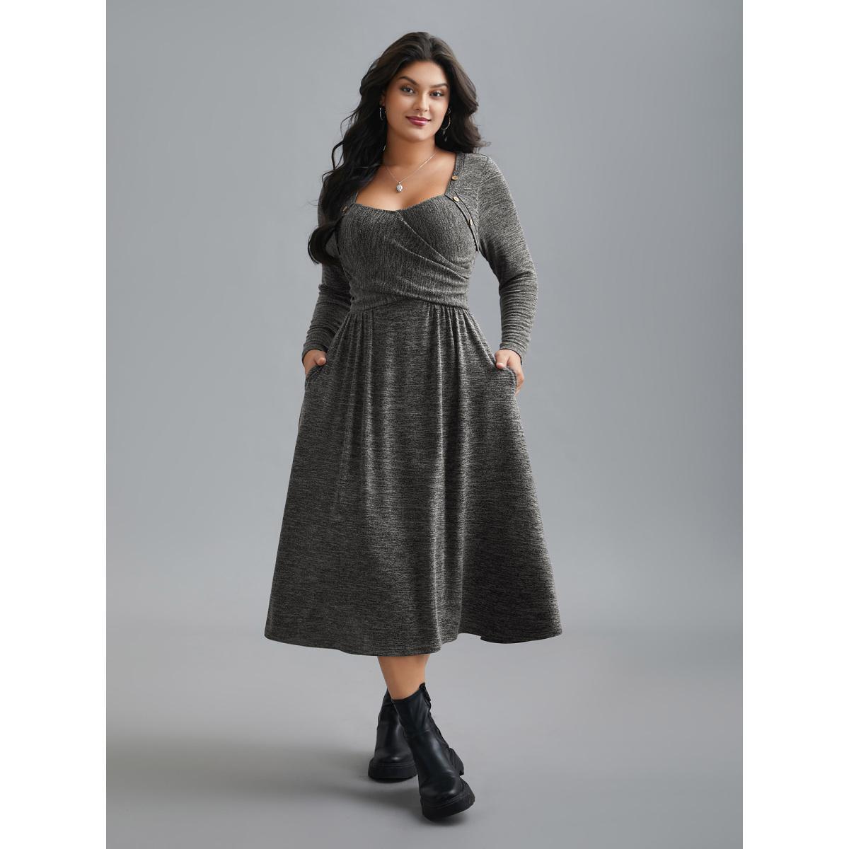 Plus Size Heart Neckline Button Detailing Crossover Fit Dress DimGray Women Casual Gathered Knit Dresses Bloomchic 14-16/1X Product Image