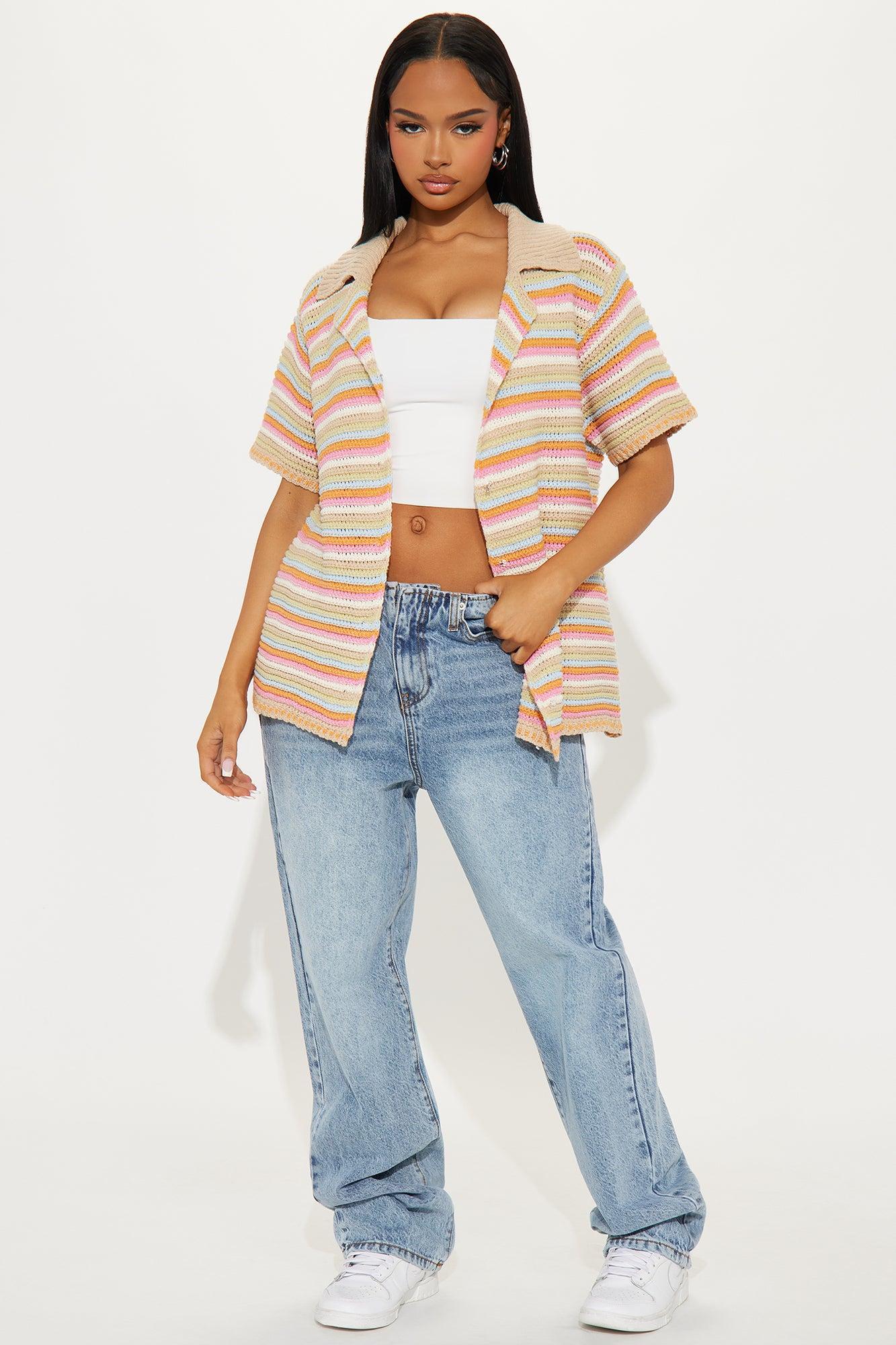 Adeline Oversized Striped Crochet Shirt - Multi Color Product Image