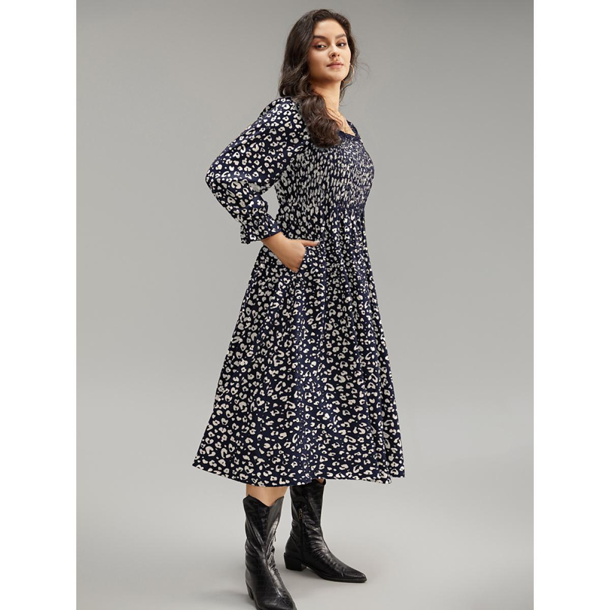 Plus Size Leopard Print Shirred Square Neck Pocket Dress DarkBlue Women Casual Printed Square Neck Long Sleeve Curvy Midi Dress BloomChic 22-24/3X Product Image
