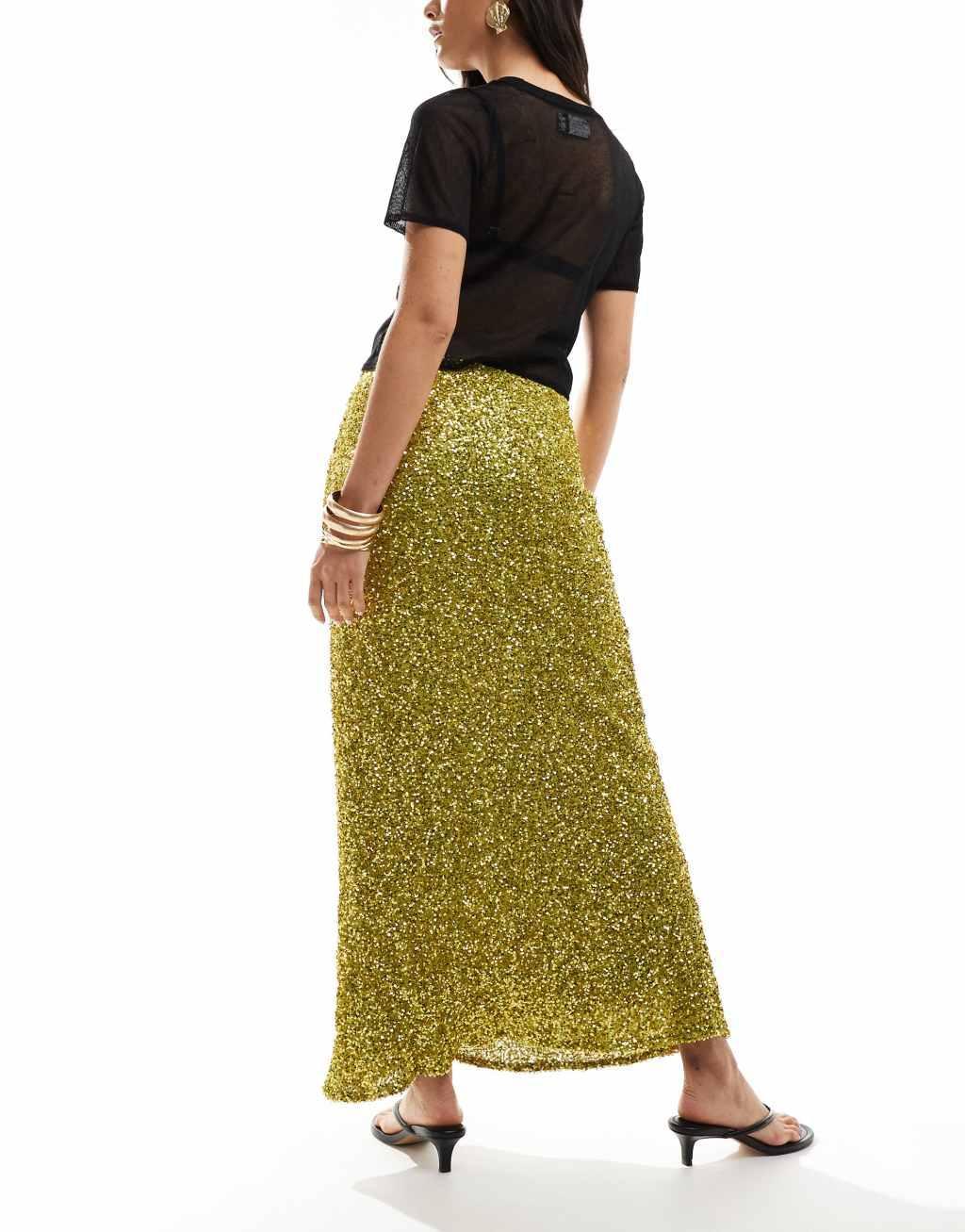 Never Fully Dressed sequin maxi skirt in olive Product Image