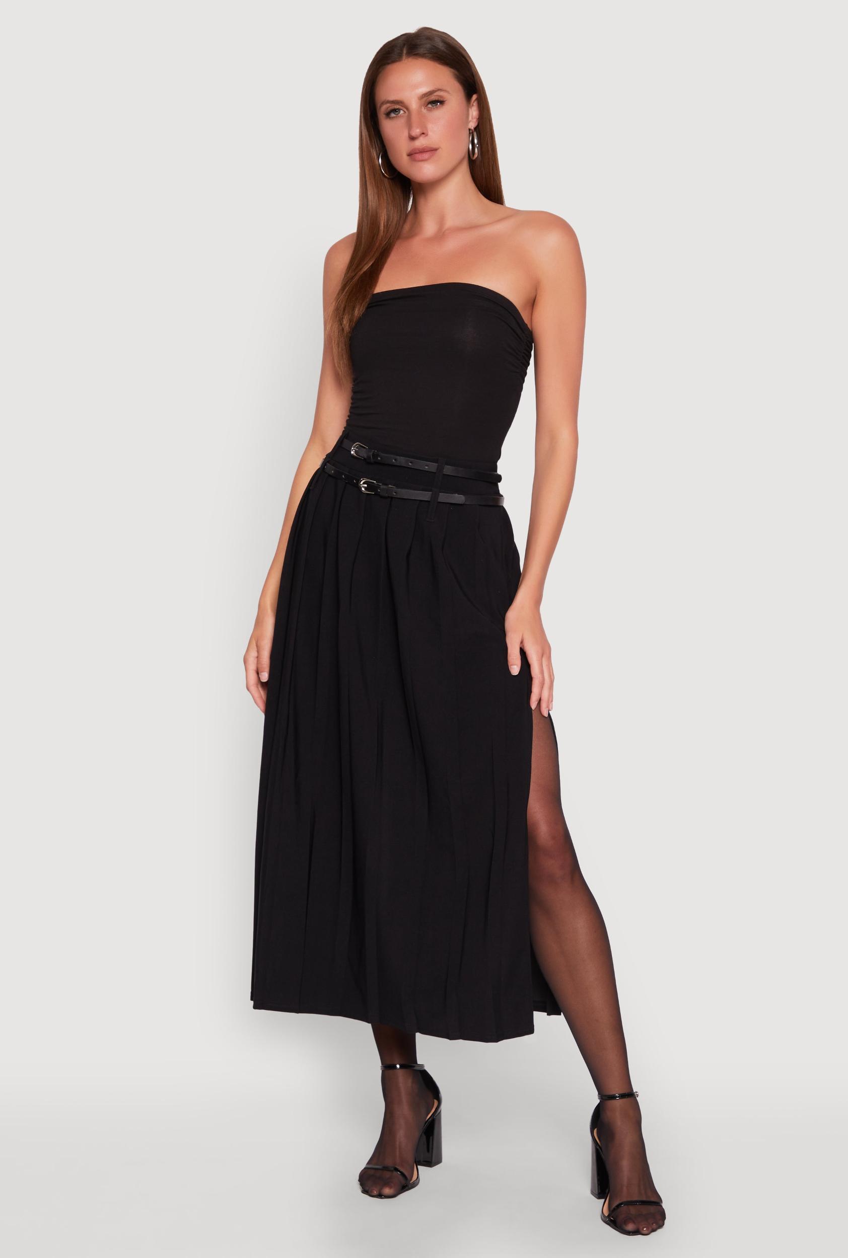 Womens Double Belted Side Slit Pleated Skirt Product Image