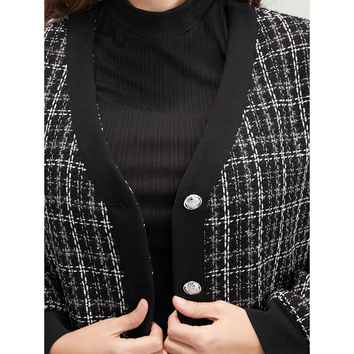 Plus Size Contrast Trim Pocket Button Up Plaid Tweed Coat Women Black Office Ladies Work Winter Coats BloomChic 10/M Product Image