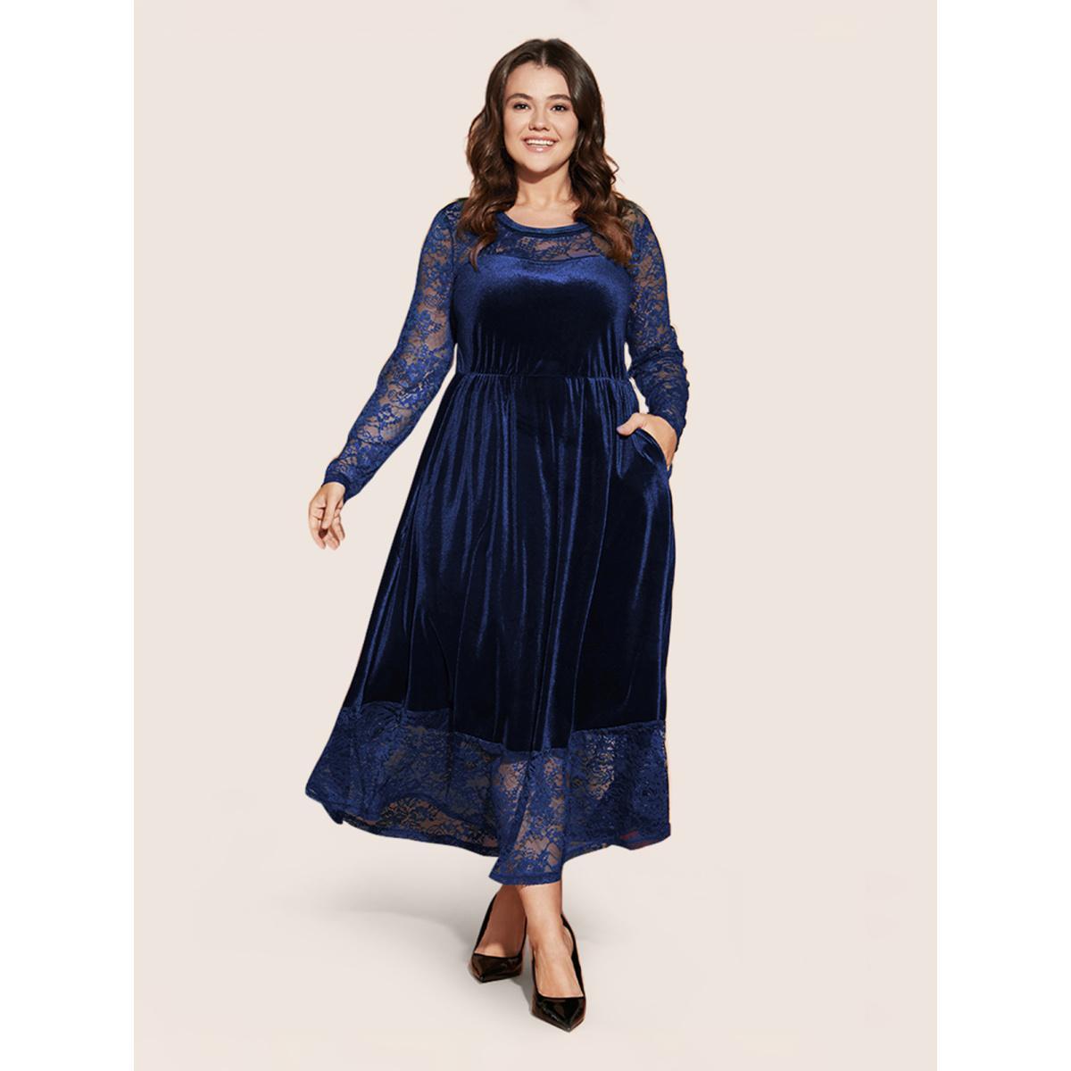 Plus Size Solid Contrast Lace Pocket Round Neck Velvet Dress DarkBlue Women Glamour Lace Round Neck Long Sleeve Curvy Midi Dress BloomChic 22-24/3X Product Image