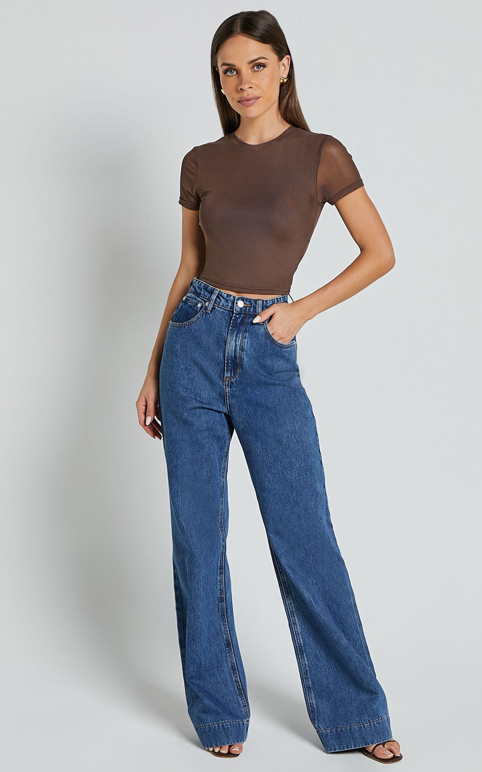 Rhianna Top - Short Sleeve Mesh Crop Top in Brown Product Image