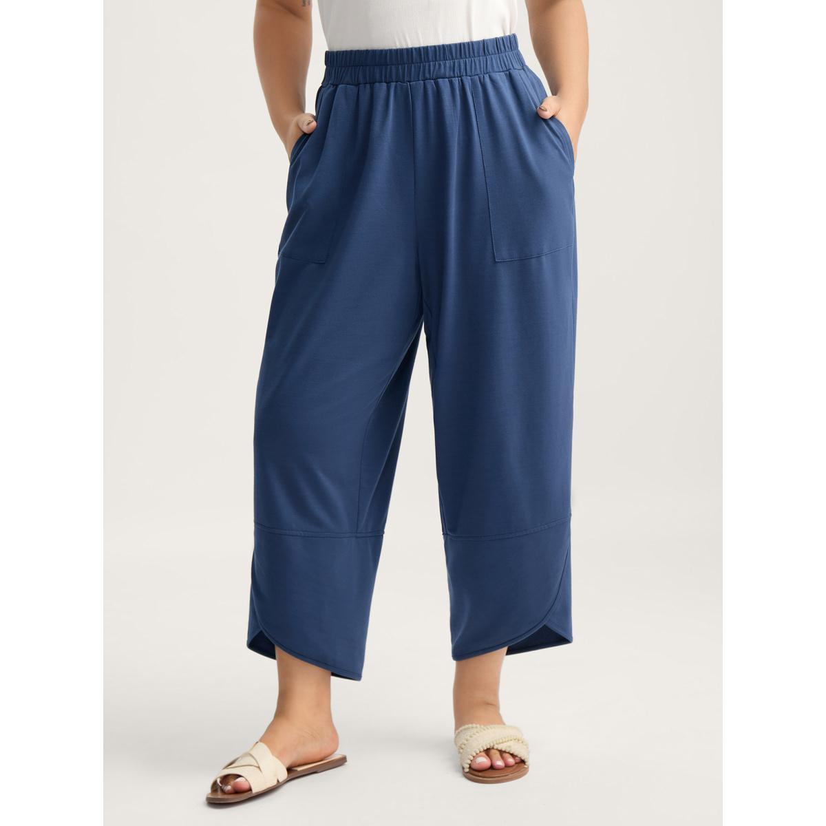Plus Size Stretchy Waist Asymmetrical Hem Straight-Leg Pants Women Indigo Casual Straight Leg Mid Rise Everyday-Casual Pants BloomChic 14-16/1X Product Image