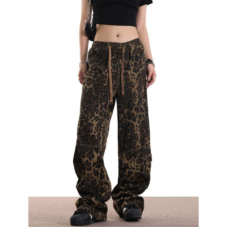 High Rise Leopard Print Wide Leg Cargo Pants Product Image