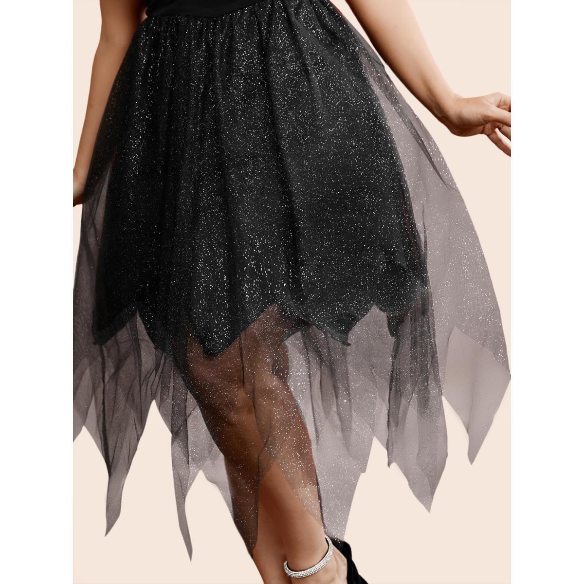 Plus Size Enchanted Shiny Mesh Petal Hem Midi Dress Black Women Cocktail Texture Party Curvy Bloomchic 10/M Product Image