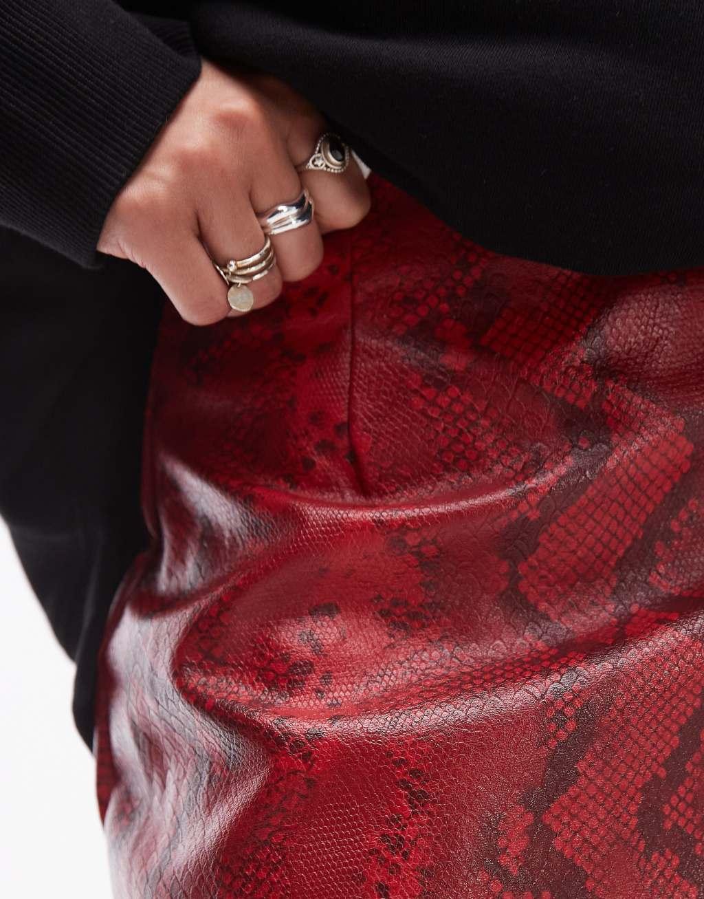 Topshop faux leather pelmet skirt in red snake Product Image