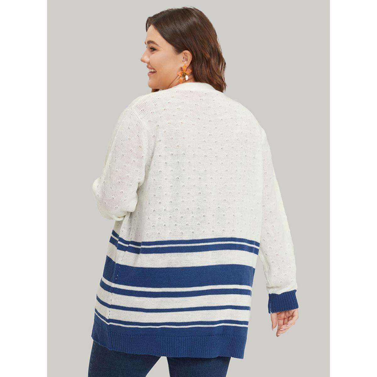 Plus Size Striped Open Front Contrast Elastic Cuffs Cardigan Ivory Women Casual Loose Long Sleeve Dailywear Cardigans BloomChic 12/L Product Image
