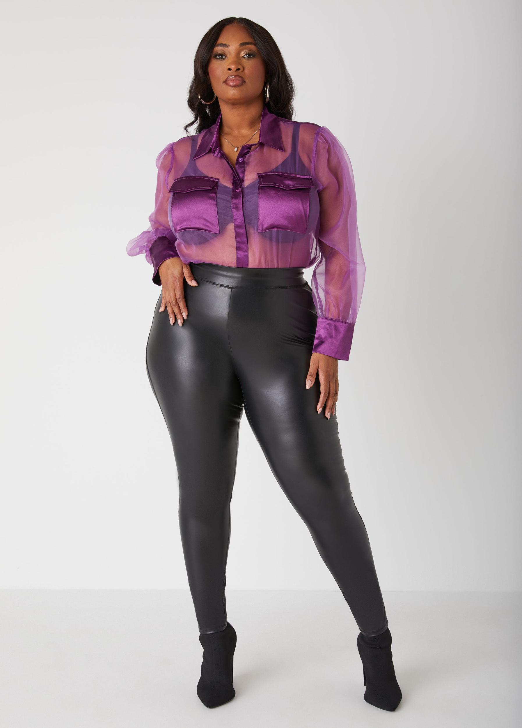 Plus Size Satin Paneled Chiffon Shirt Ashley Stewart Product Image