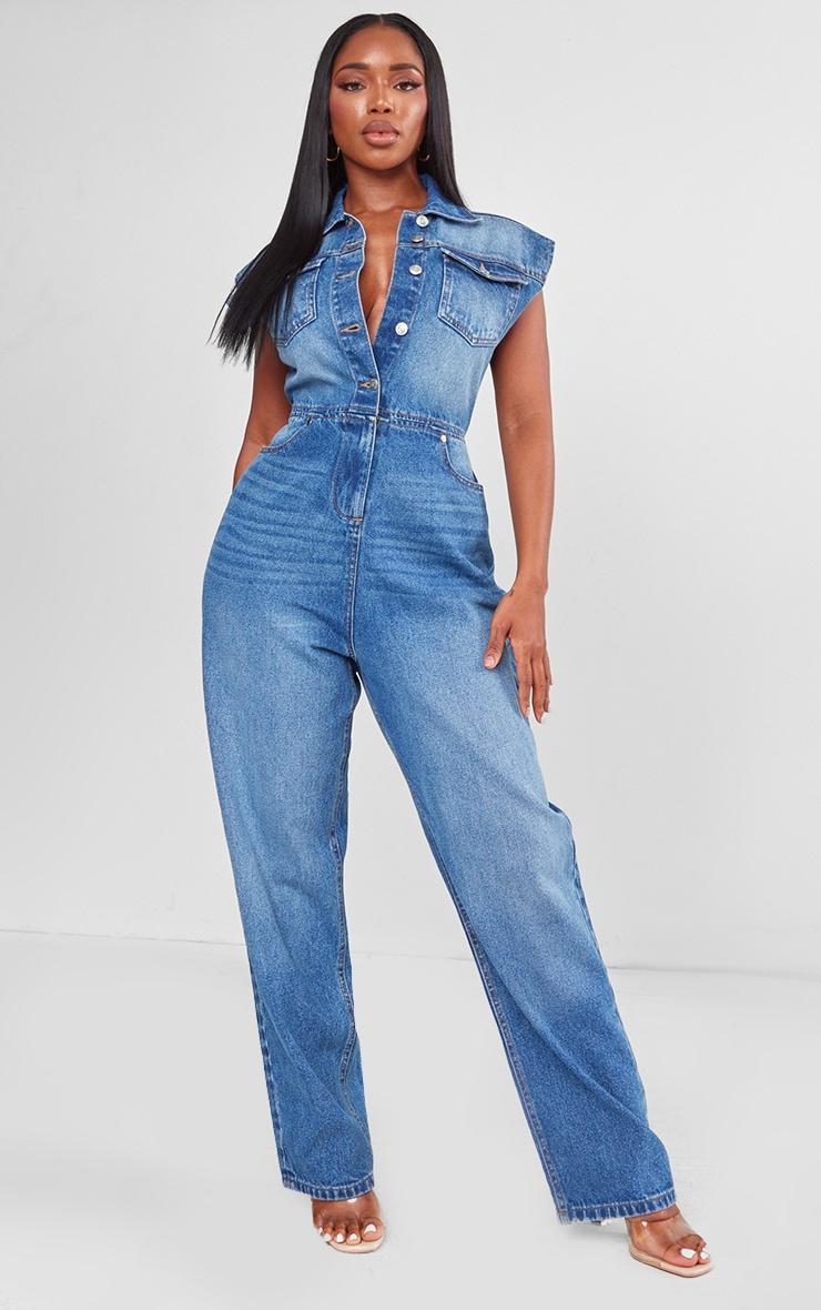 Shape Mid Blue Wash Sleeveless Rigid Denim Jumpsuit Product Image