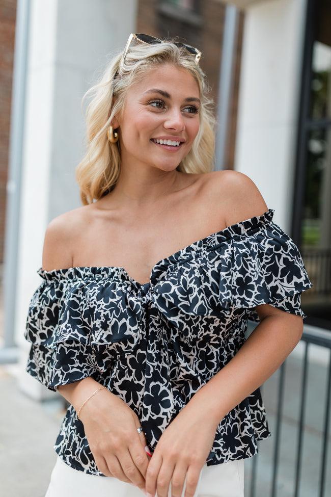 Deep Trance Black Floral Off The Shoulder Printed Blouse FINAL SALE Product Image