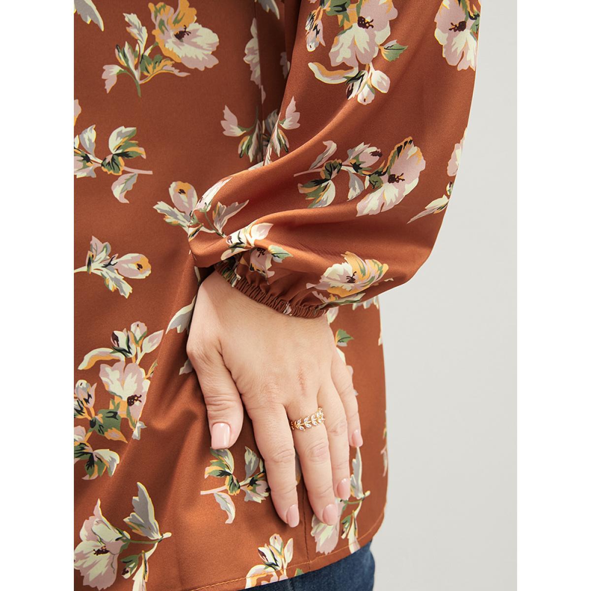 Plus Size Bronze Floral V Neck Ruffles Trim Lantern Sleeve Blouse Women Elegant Long Sleeve V-neck Dailywear Blouses BloomChic 10/M Product Image