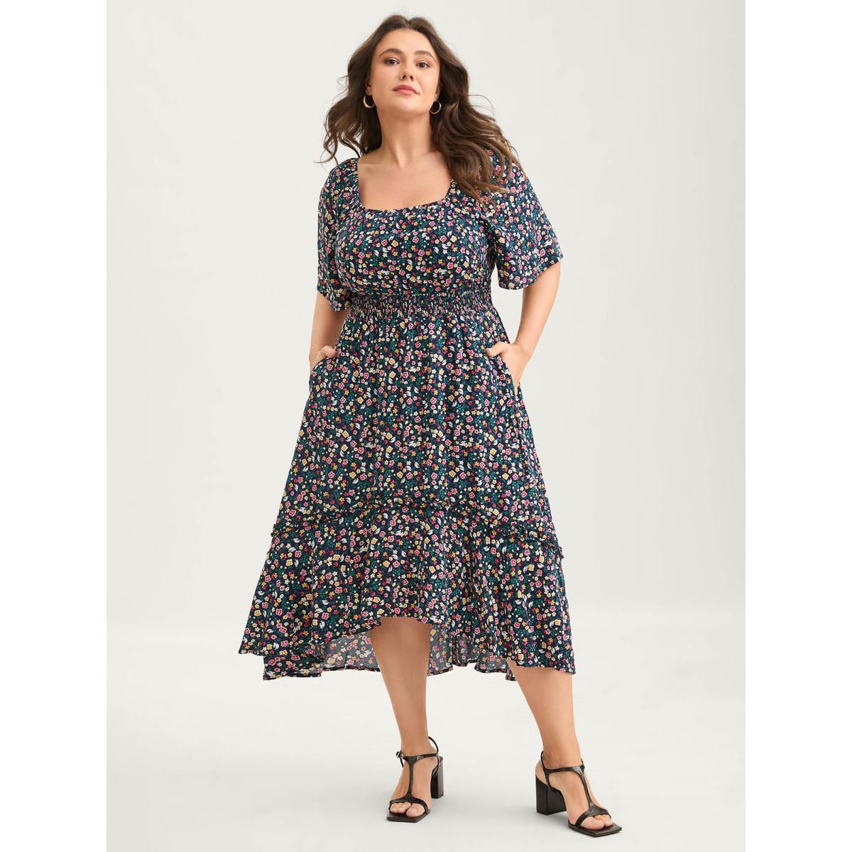 Plus Size Micro Floral Shirred Asymmetrical Midi Dress Navy Women Shirred Square Neck Short sleeve Curvy BloomChic 10/M Product Image