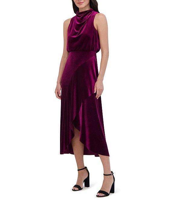 Vince Camuto Velvet Drape Cowl Mock Neck Blouson Wrap Ruffle Flounce Silt Hem Midi Dress Product Image