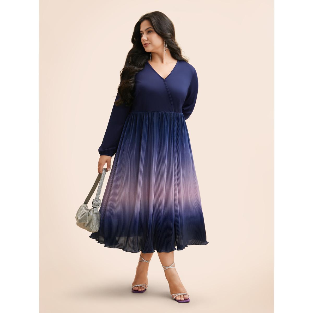 Plus Size Overlap Collar Ombre Patchwork Pleated Dress Navy Women Cocktail Texture Party Curvy Bloomchic 14-16/1X Product Image