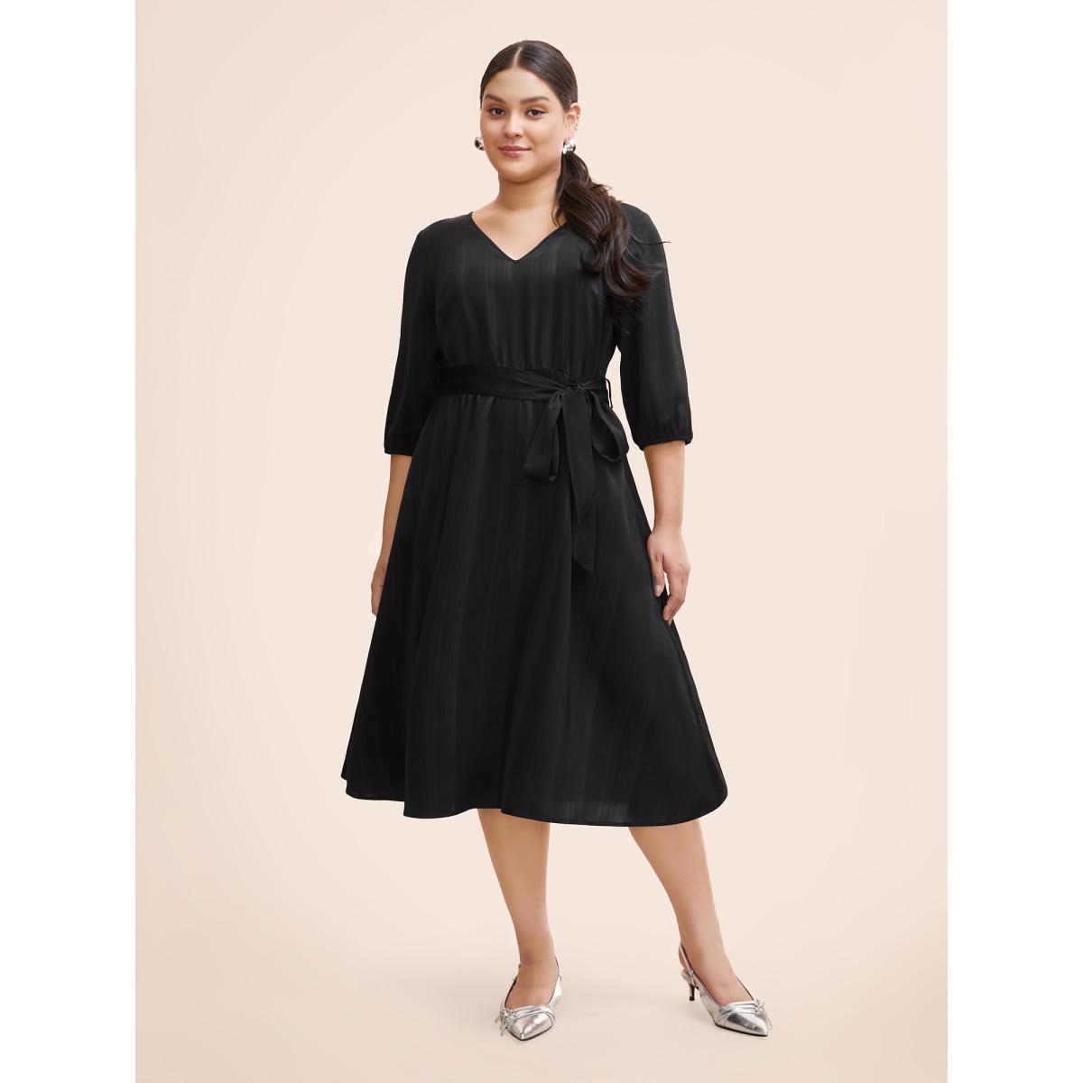 Plus Size Texture Lantern Sleeve Belted Midi Dress Black Women Workwear Essentials Texture V-neck Elbow-length sleeve Curvy BloomChic 18-20/2X Product Image