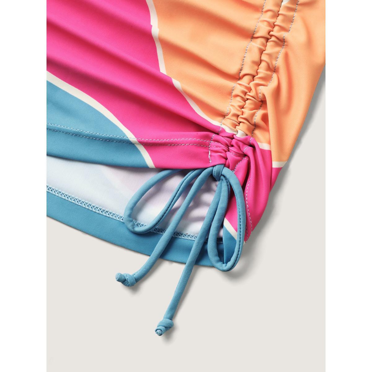Plus Size Wavy Color Block Side Drawstring Swim Top Women's Swimwear Skyblue Beach Contrast High stretch Bodycon U-neck Curve Swim Tops BloomChic 14-16/1X Product Image