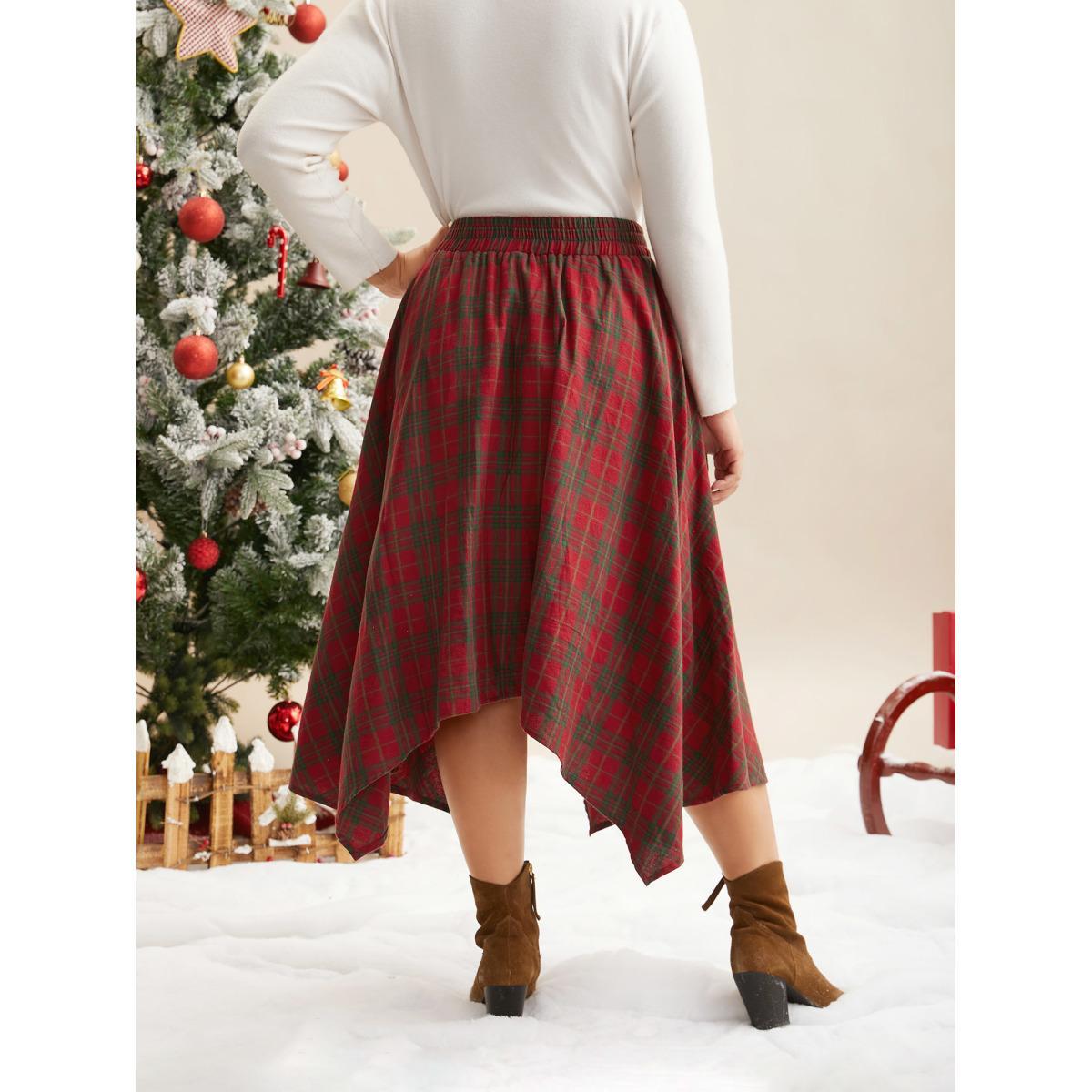 Plus Size Plaid Pattern Asymmetrical Hemline Midi Skirt Women Crimson Elegant Asymmetrical Loose No stretch Slanted pocket Everyday Skirts BloomChic 18-20/2X Product Image