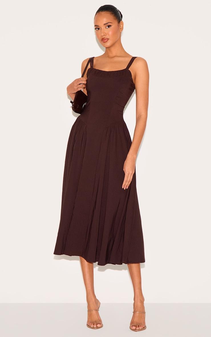 Chocolate Woven Corset Lace Detail Midi Dress Product Image