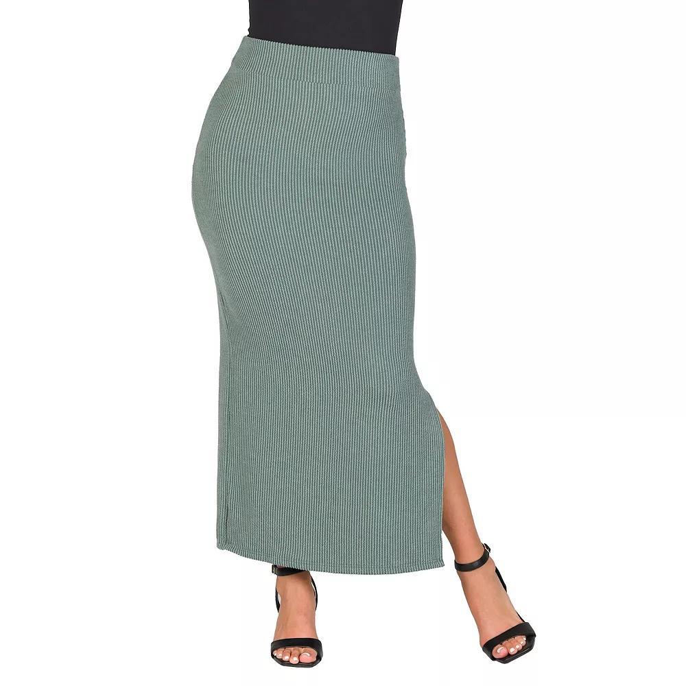 Women's 24Seven Comfort Apparel Ribbed Knit Side Slit Elastic Waist Maxi Skirt, Size: 1XL, Green Product Image
