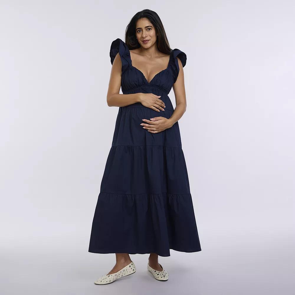 Maternity Motherhood® Babydoll Ruffle Maxi Dress, Women's, Size: Small-Mat, Blue Blazer Product Image