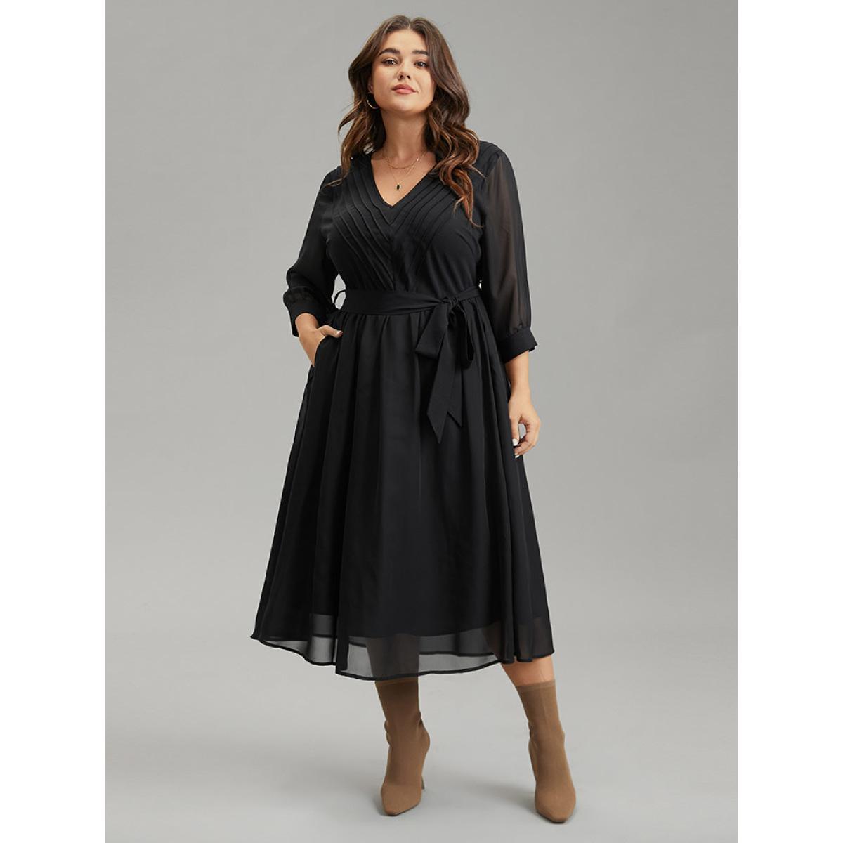 Plus Size Mesh Patchwork Belted Pleated Dress Black Women Elegant Lined V-neck Elbow-length sleeve Curvy Midi Dress BloomChic 26/4X Product Image