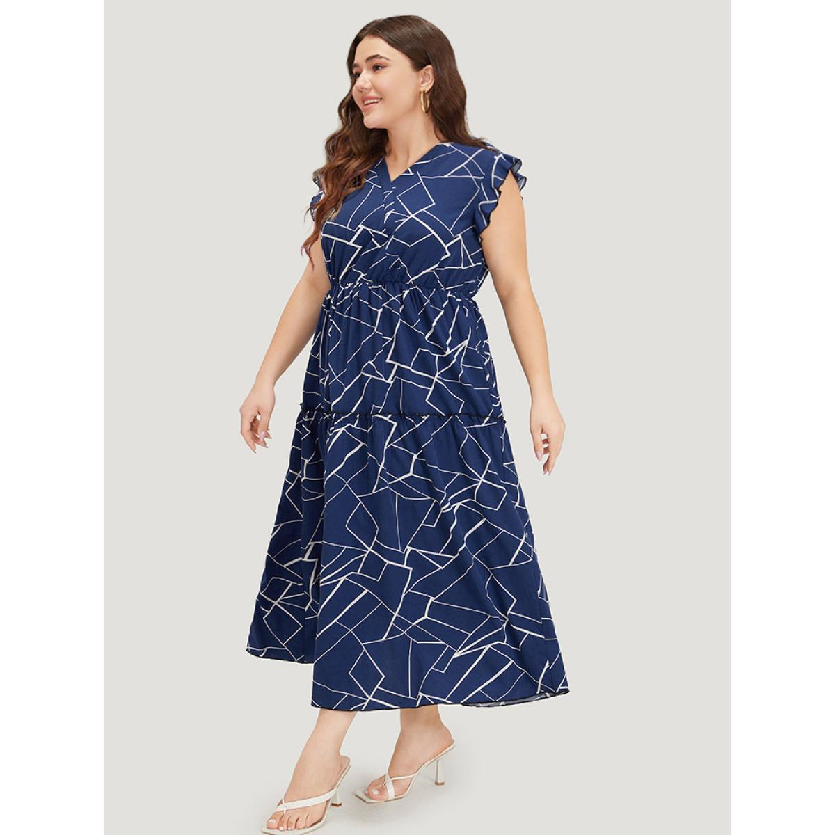 Plus Size Geometric Print Ruffle Cap Sleeve Wrap Layered Hem Dress Indigo Women Office Printed V-neck Cap Sleeve Curvy Long Dress BloomChic 26/4X Product Image