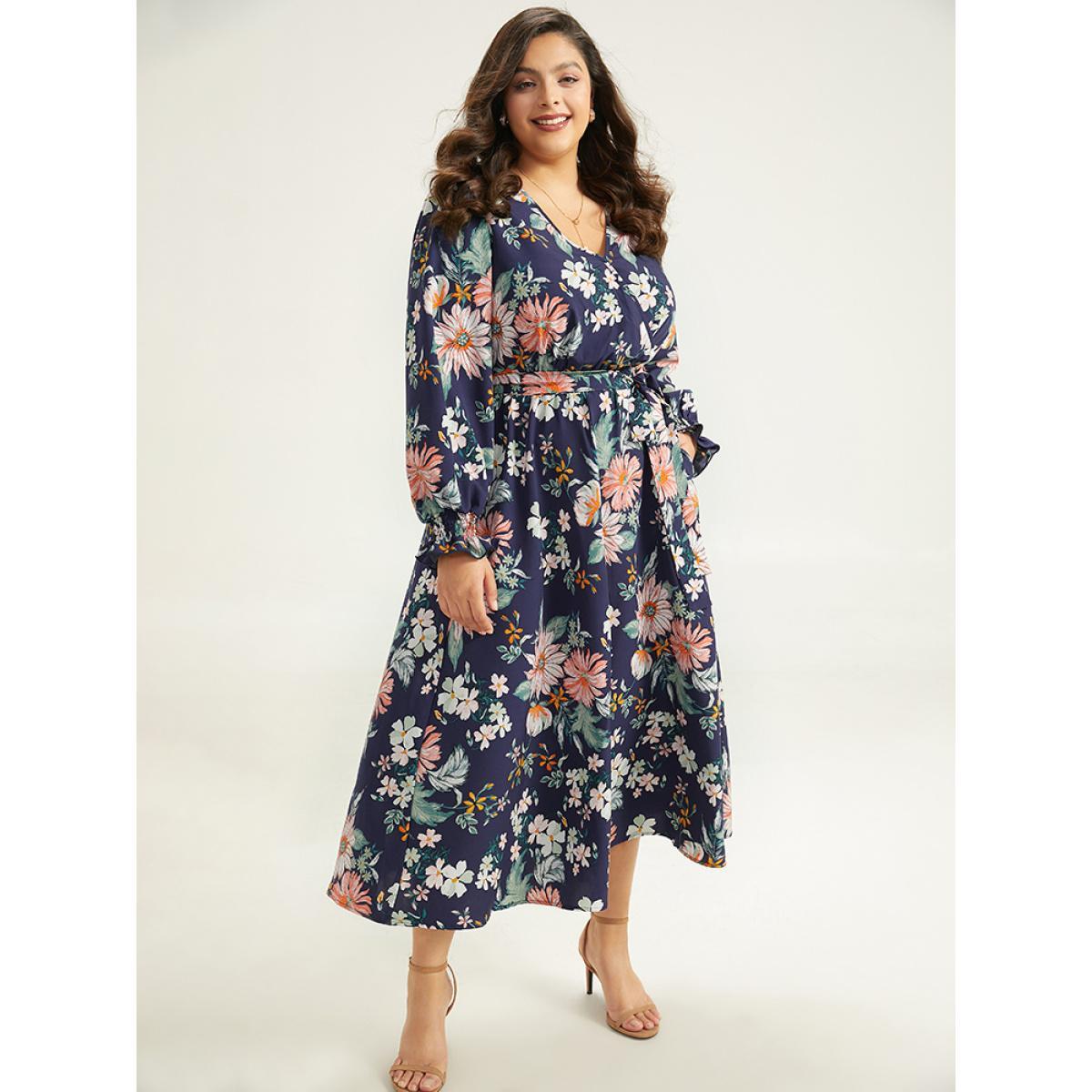 Plus Size Floral Print Overlap Collar Shirred Dress DarkBlue Women Elegant Belted V-neck Long Sleeve Curvy Midi Dress BloomChic 22-24/3X Product Image