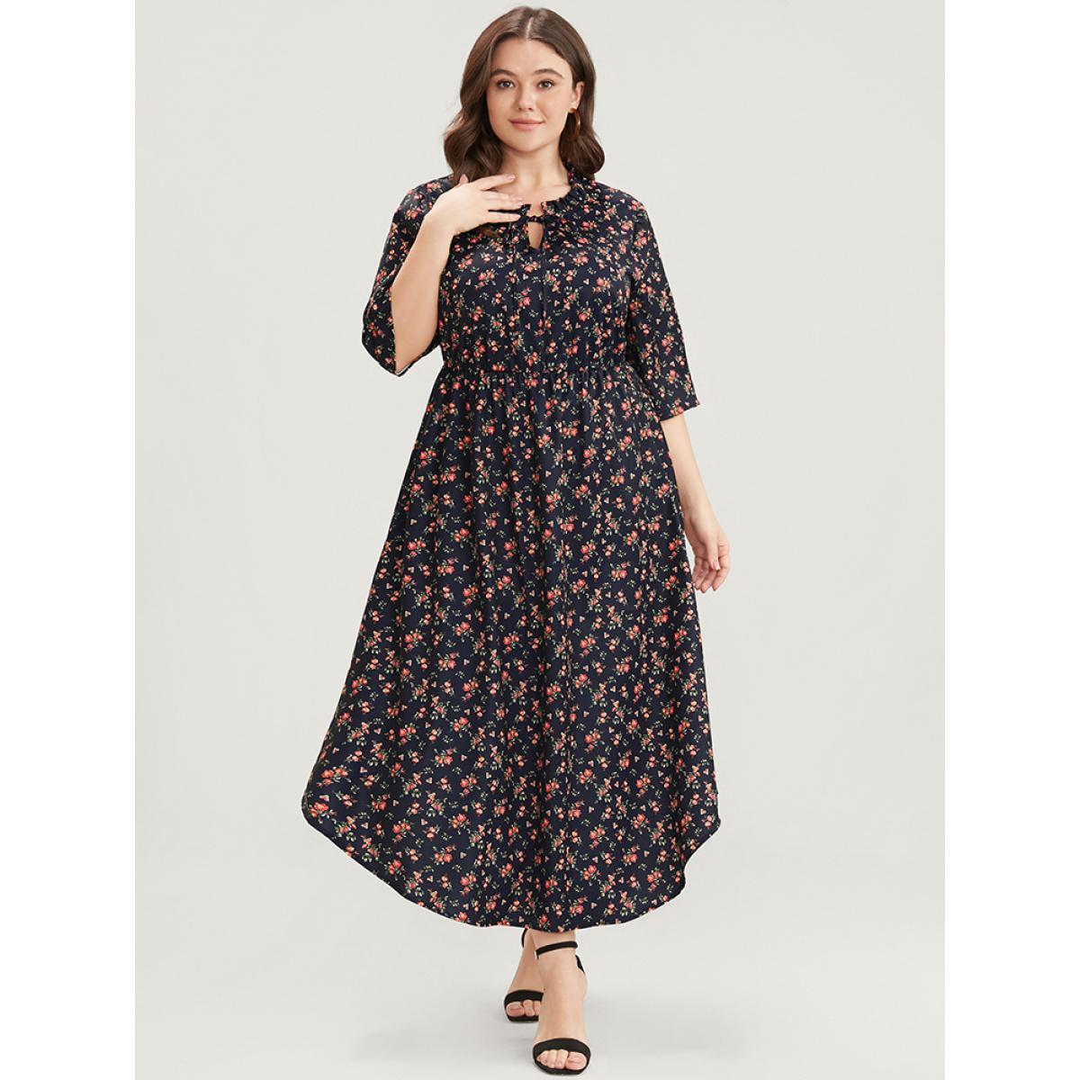 Plus Size Ditsy Floral Frill Trim Tie Neck Pocket Arc Hem Dress DarkBlue Women Elegant Cross straps Round Neck Half Sleeve Curvy Midi Dress BloomChic 18-20/2X Product Image