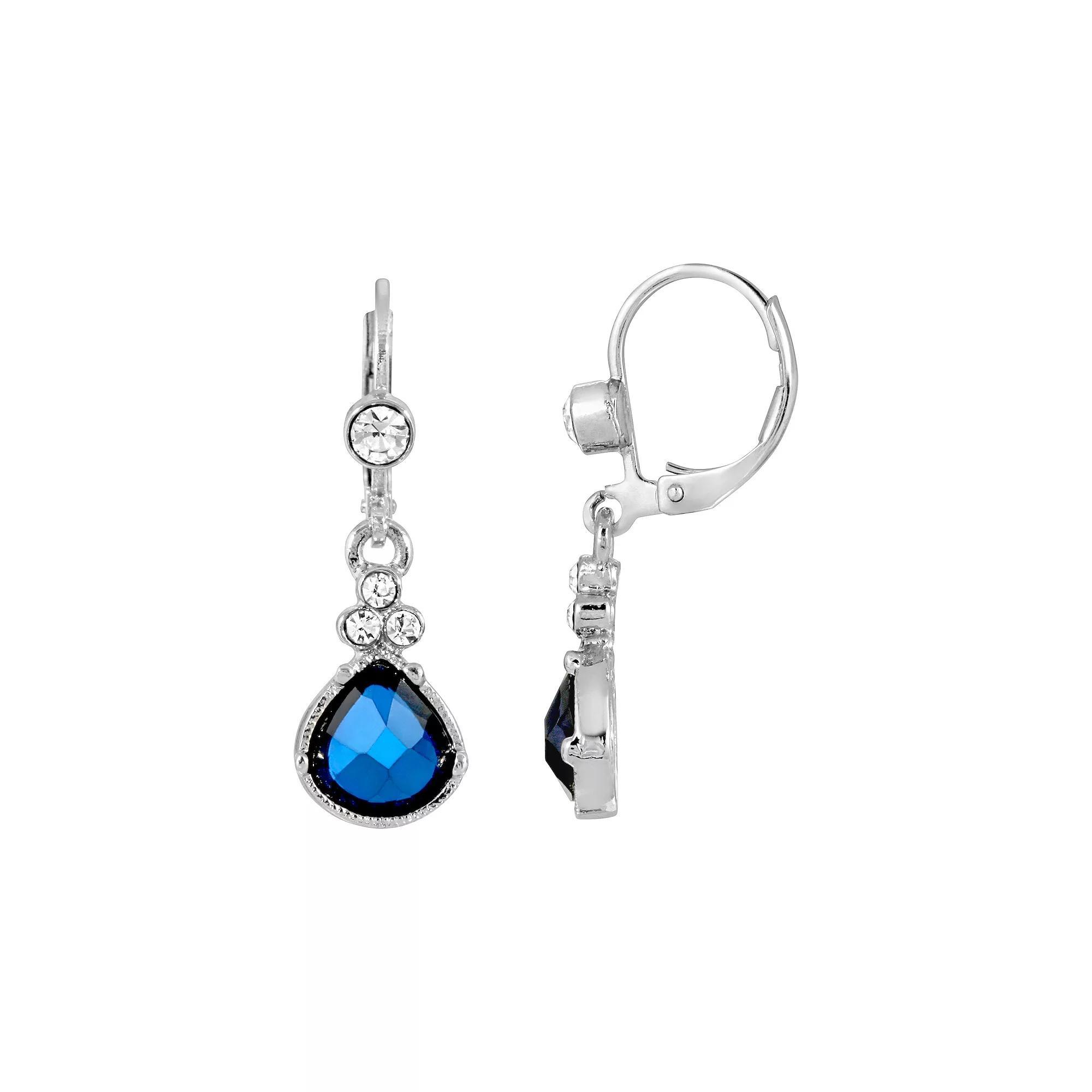 1928 Silver Tone Blue Crystal Teardrop Earrings, Womens Product Image