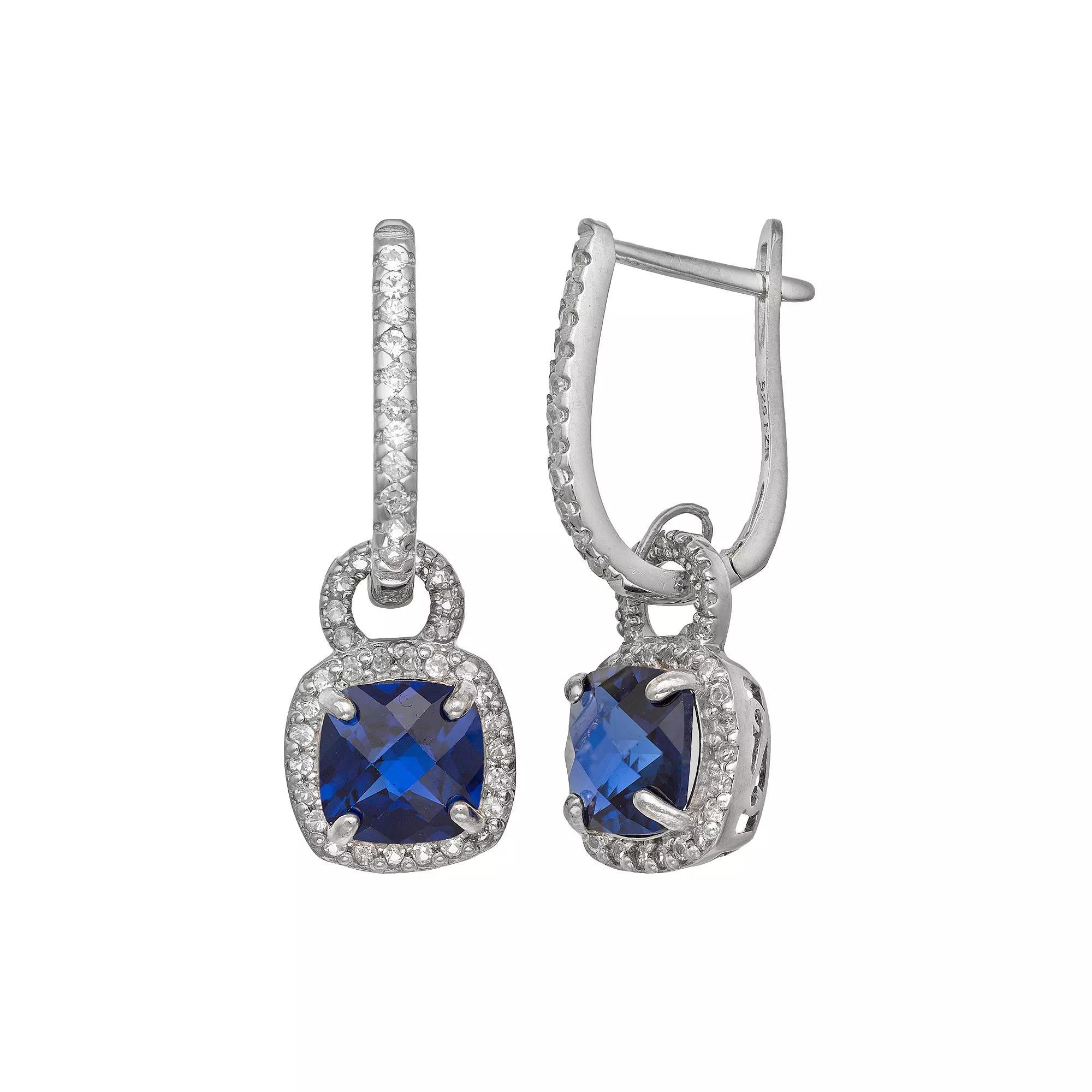 Sterling Silver Lab-Created Blue and White Sapphire Square Halo Drop Earrings, Women's, Multi Product Image