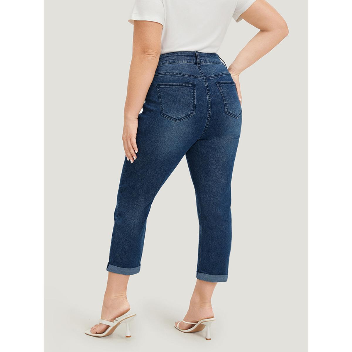 Plus Size Ripped Embroidered Roll Hem Very Stretchy Jeans Women Stone Casual Plain Distressed High stretch Pocket Jeans BloomChic 26/4X Product Image