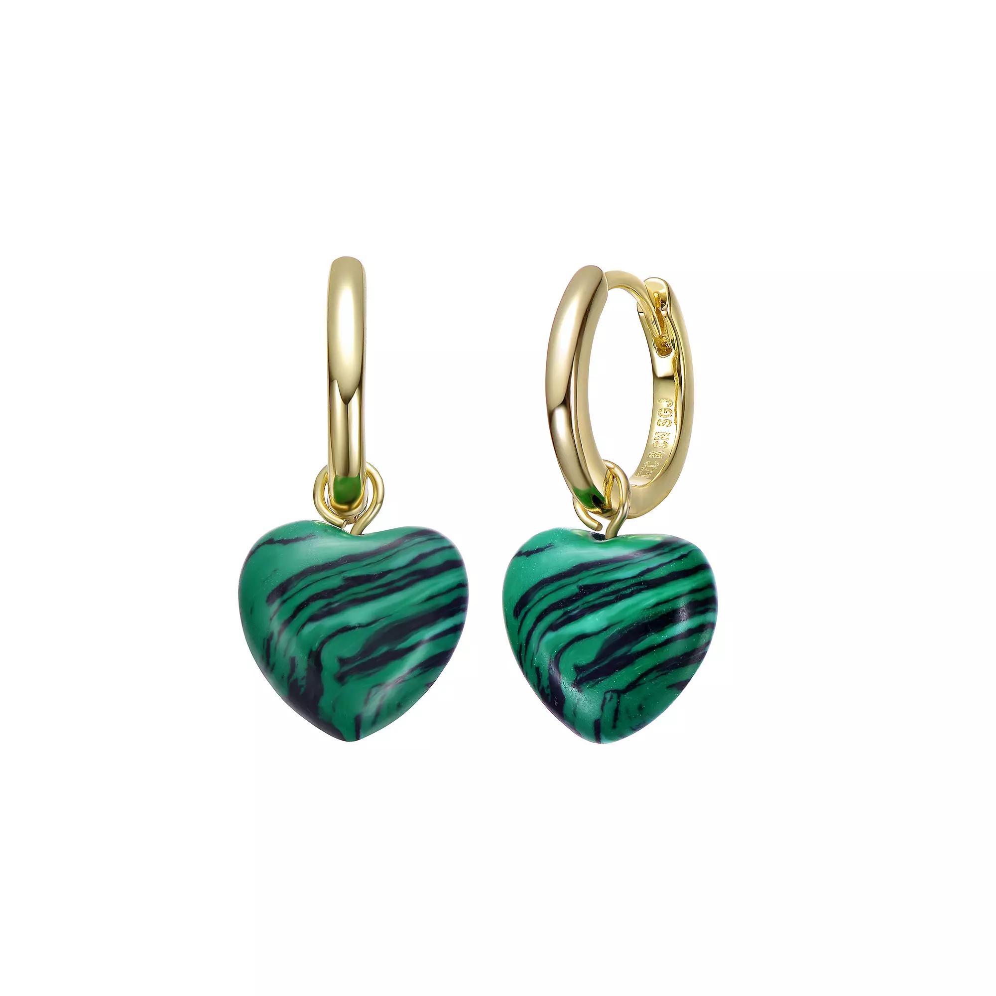 Gold Tone Simulated Malachite Puffed Heart Dangle Earrings, Womens Product Image