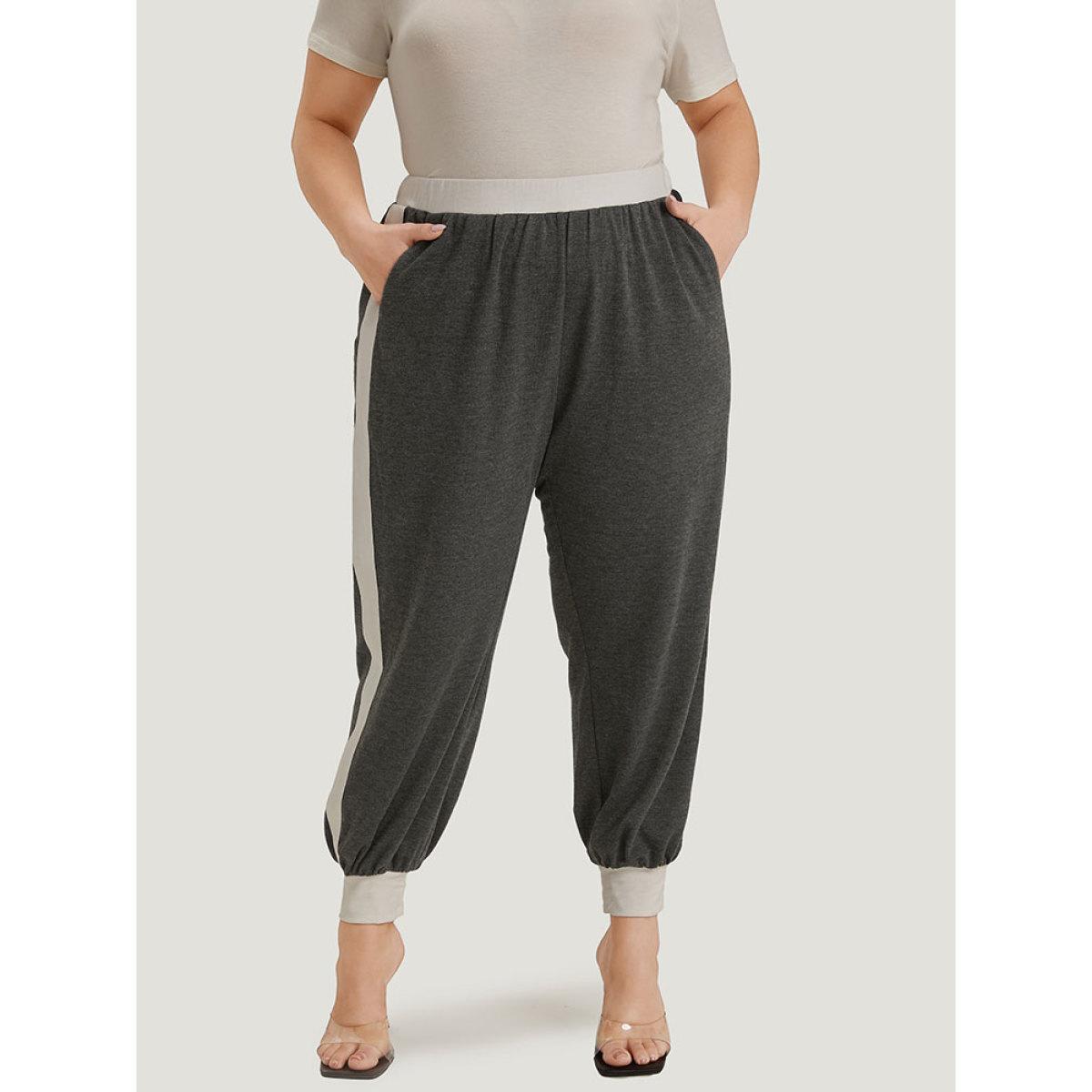 Two Tone Patchwork Pocket Elastic Waist Sweatpants Gray Plus Size Women Elegant Dailywear Contrast 14-16/1X Bloomchic Product Image