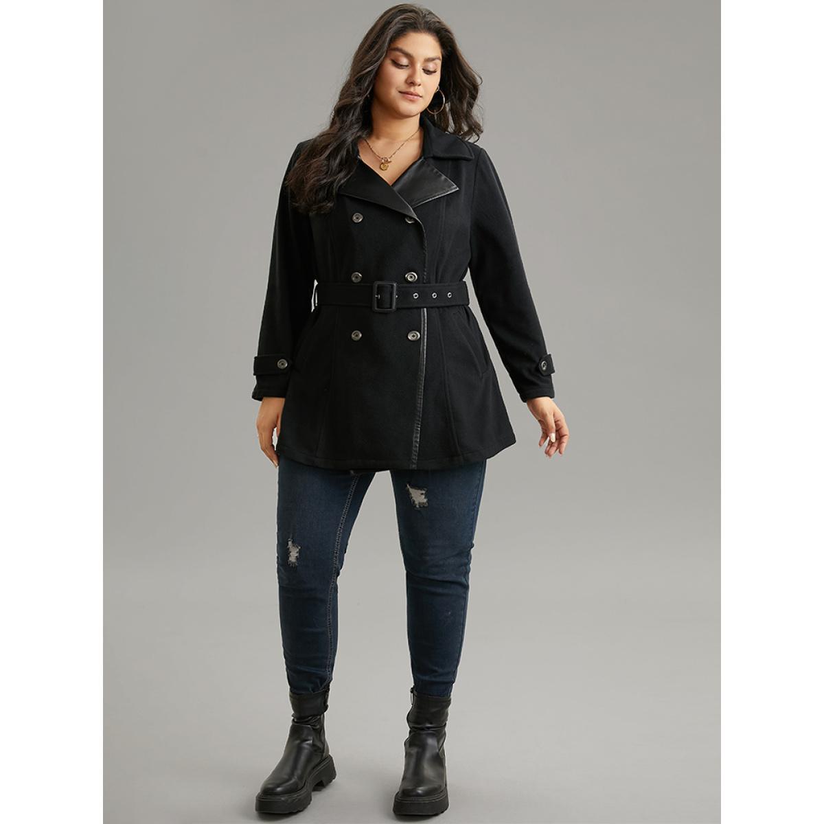 Plus Size PU Leather Patchwork Lapel Collar Double Breasted Belted Coat Women Black Casual Belted Ladies Dailywear Winter Coats BloomChic 28/5X Product Image