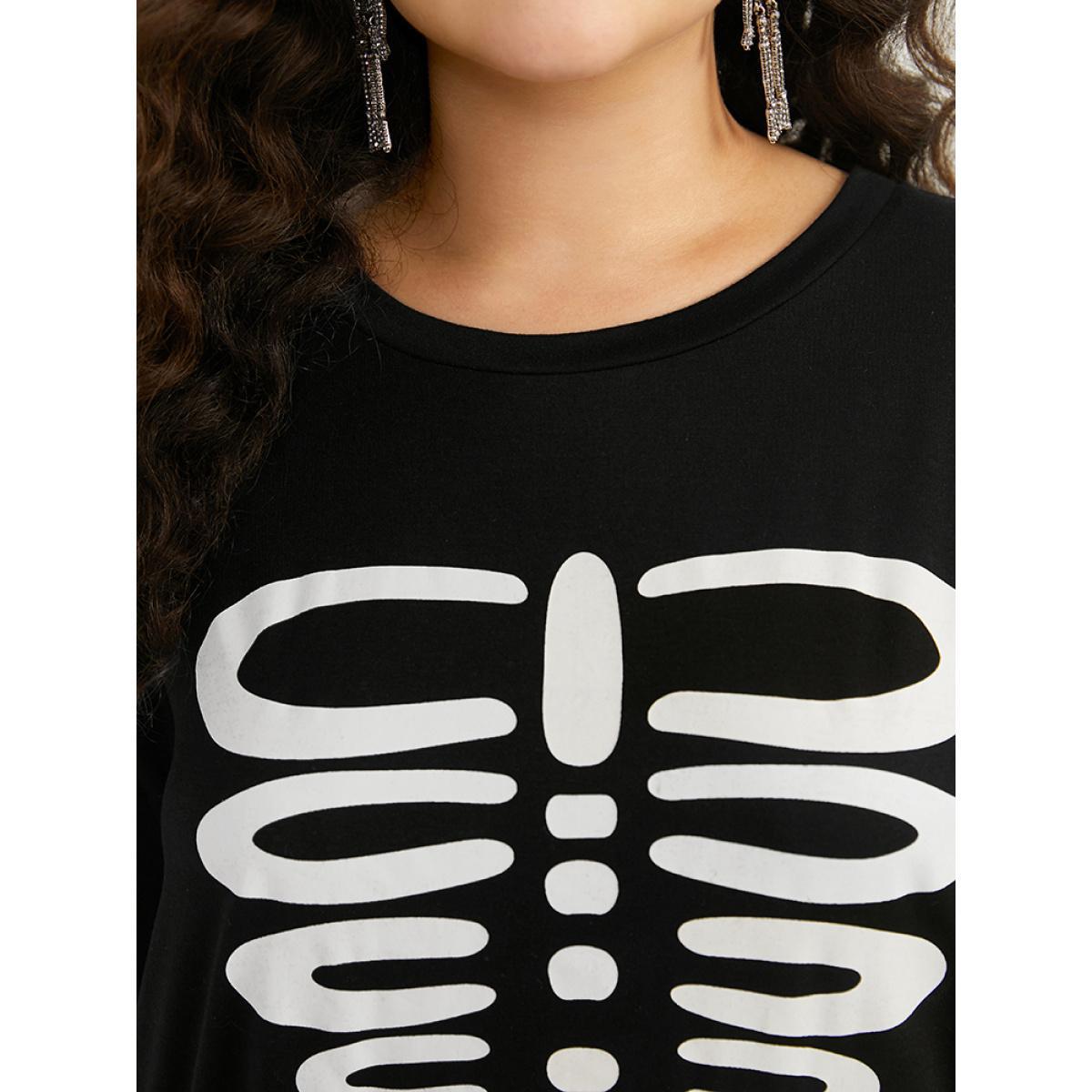 Plus Size Halloween Skull Print Crew Neck T-shirt Black Women Casual Printed Halloween Round Neck Festival-Halloween T-shirts BloomChic 14-16/1X Product Image