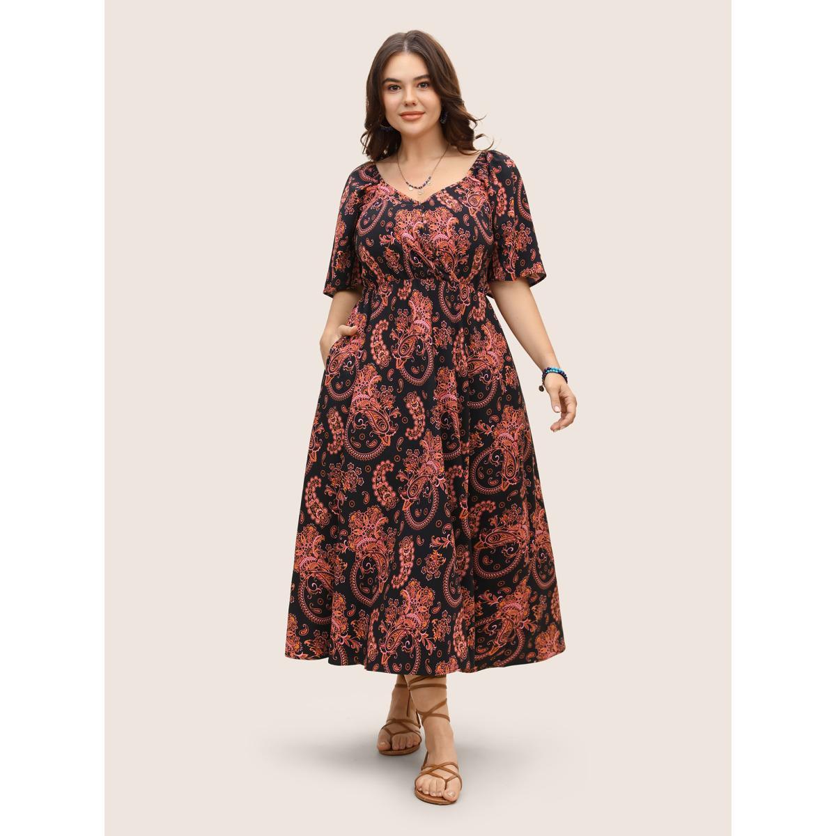 Plus Size Overlap Collar Boho Print Ruffle Sleeve Dress Black Women Resort Gathered Overlap Collar Short sleeve Curvy BloomChic 10/M Product Image