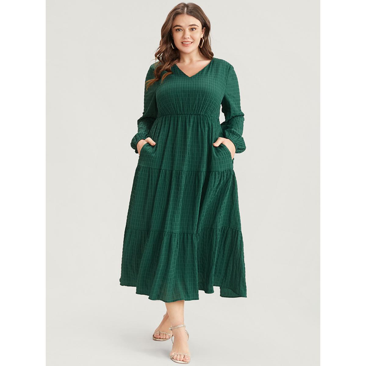 Plus Size Solid V Neck Lantern Sleeve Pocket Gingham Flutter Dress DarkGreen Women Elegant Pocket V-neck Long Sleeve Curvy Midi Dress BloomChic 12/L Product Image