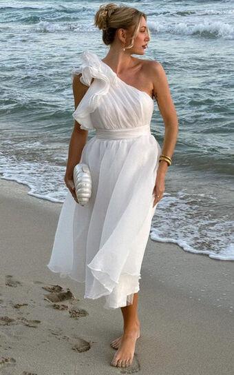 Tia Midi Dress - One Shoulder Frill Detail Fit & Flare Dress in White Product Image
